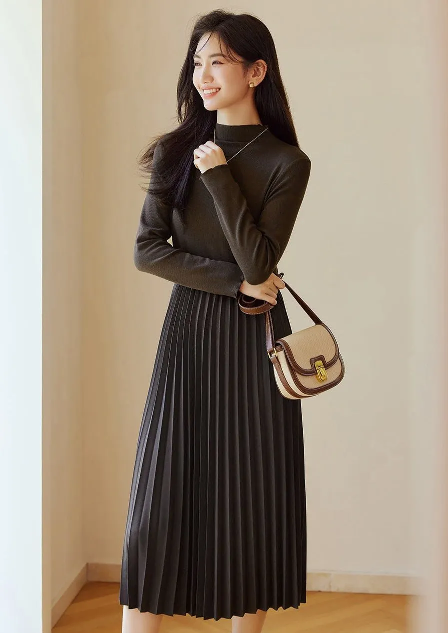 KNIT PATCHWORK HEPBURN PLEATED DRESS
