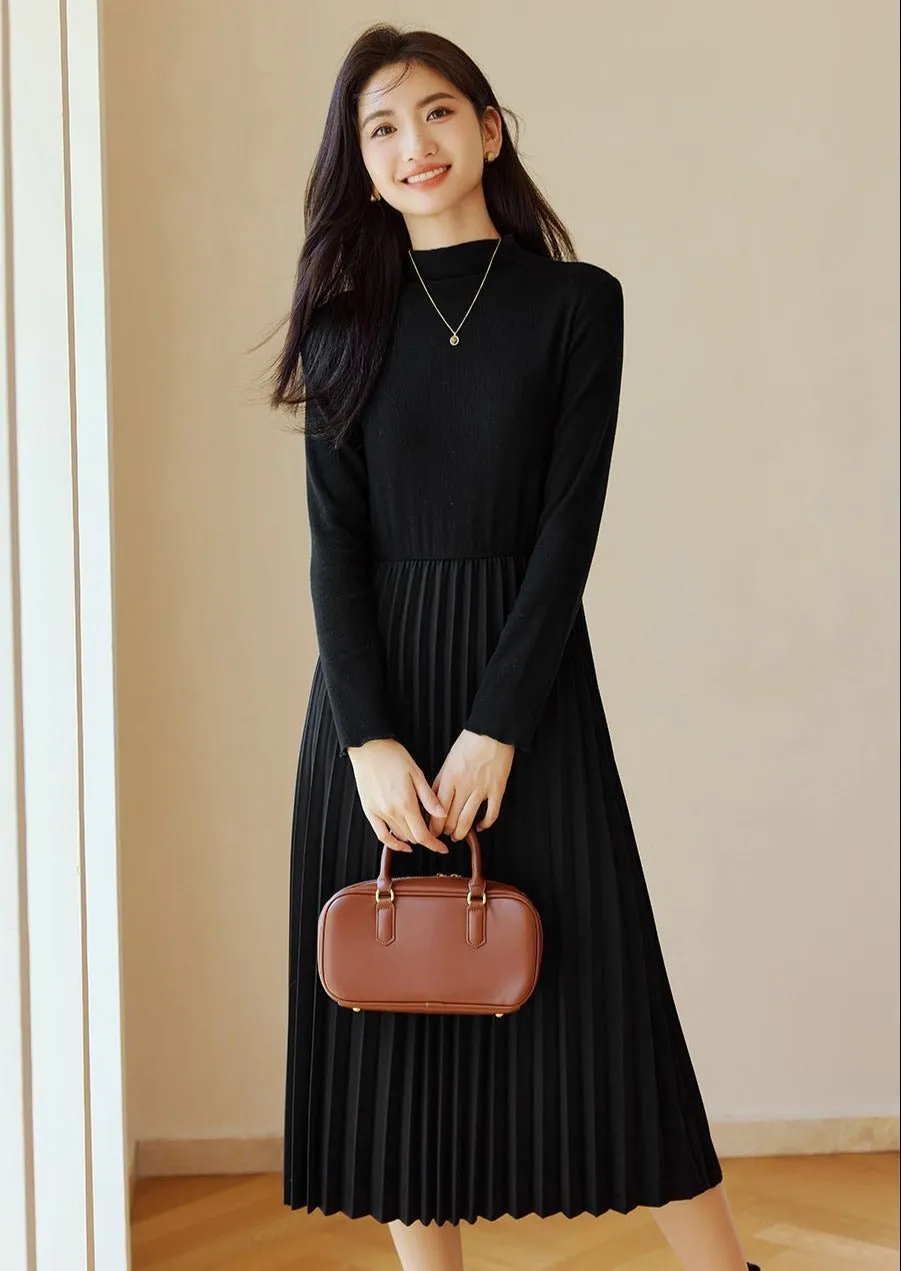 KNIT PATCHWORK HEPBURN PLEATED DRESS