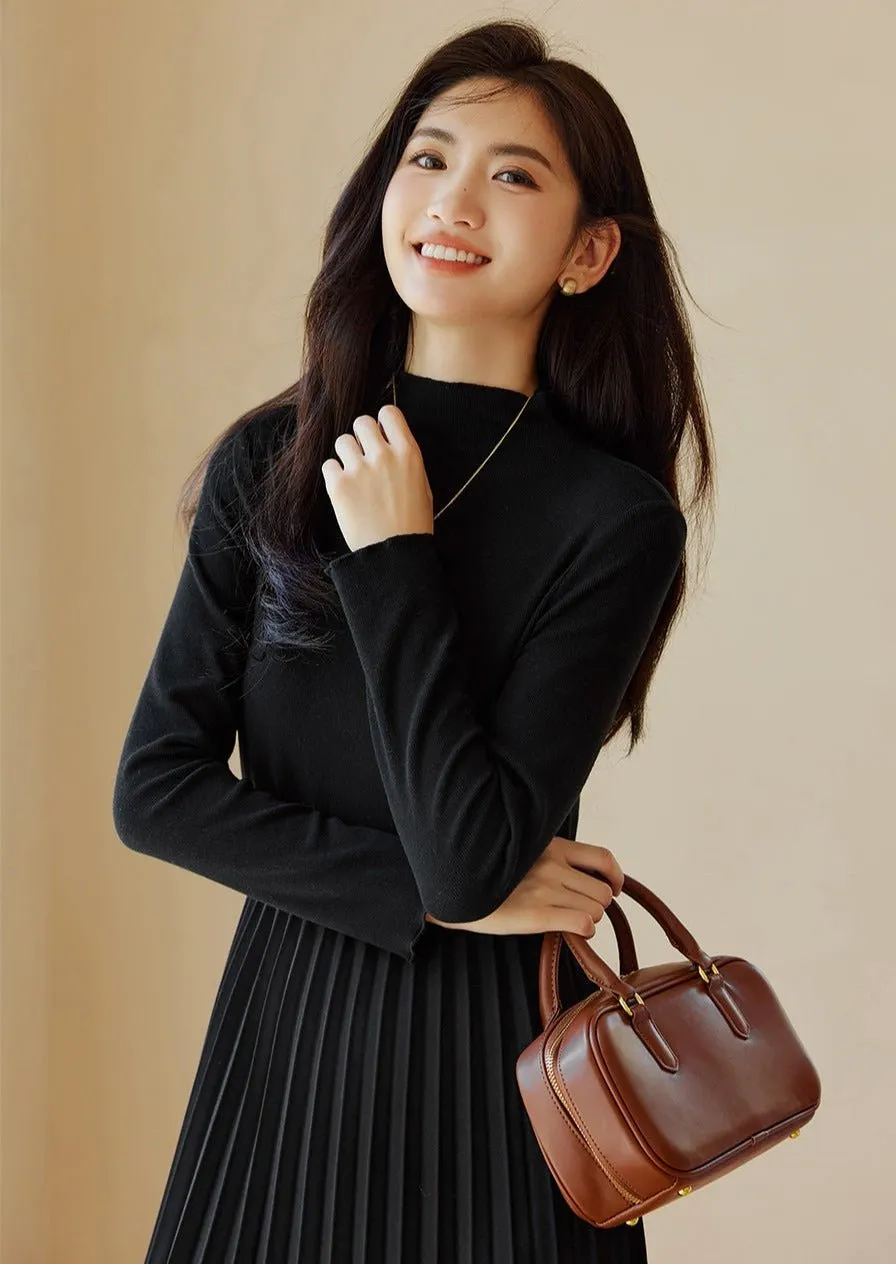 KNIT PATCHWORK HEPBURN PLEATED DRESS