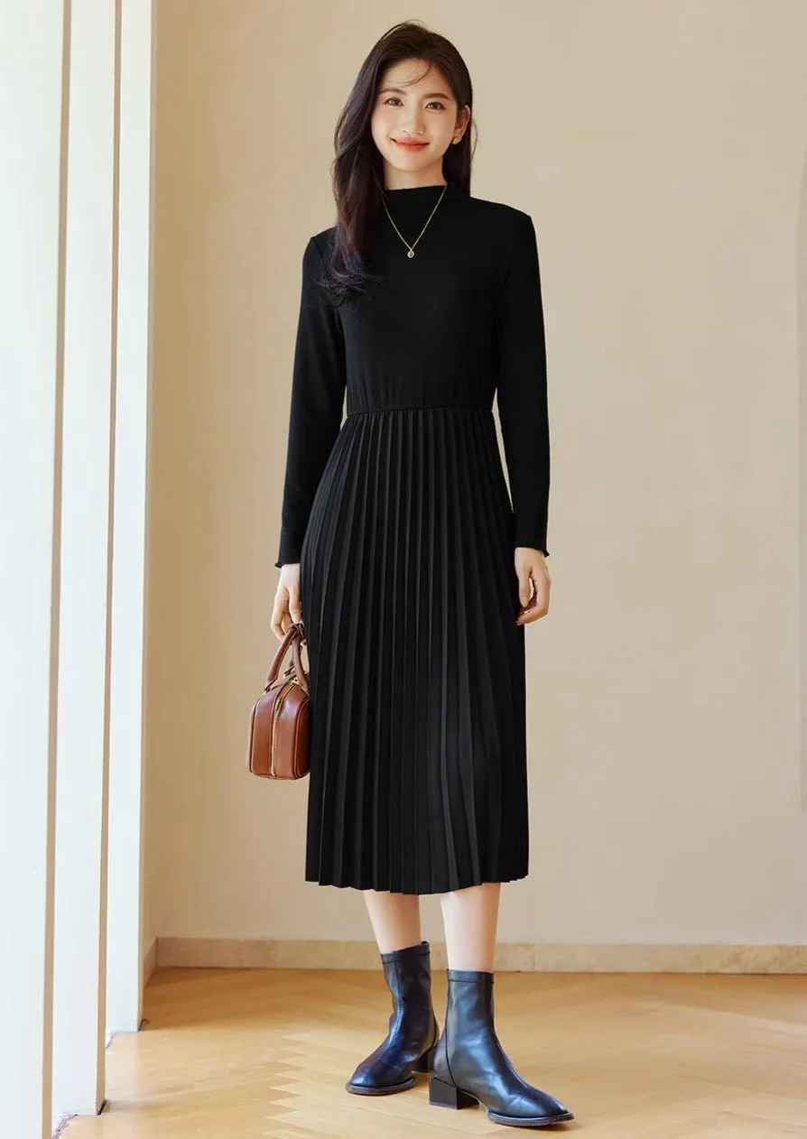 KNIT PATCHWORK HEPBURN PLEATED DRESS