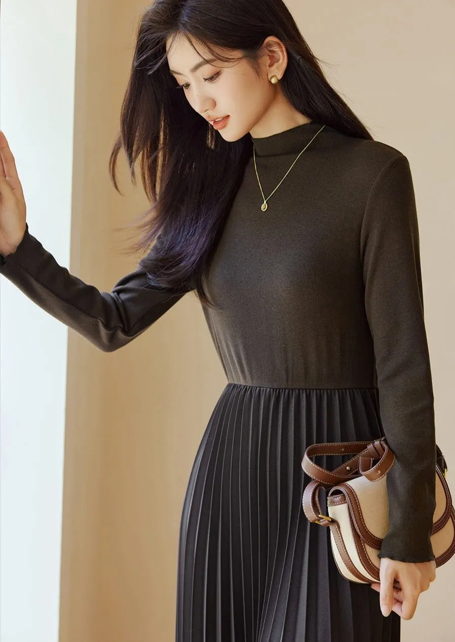 KNIT PATCHWORK HEPBURN PLEATED DRESS