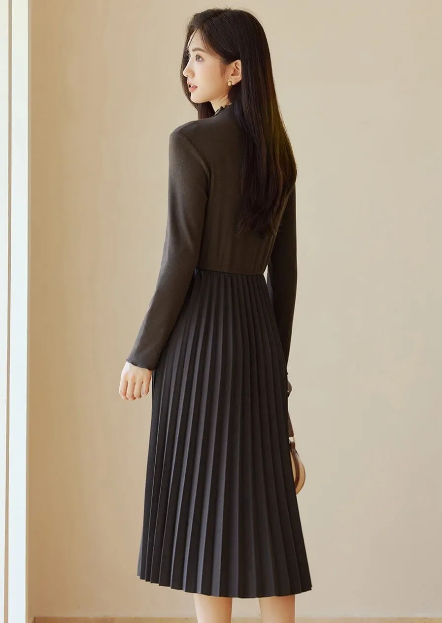 KNIT PATCHWORK HEPBURN PLEATED DRESS