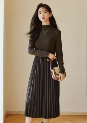 KNIT PATCHWORK HEPBURN PLEATED DRESS