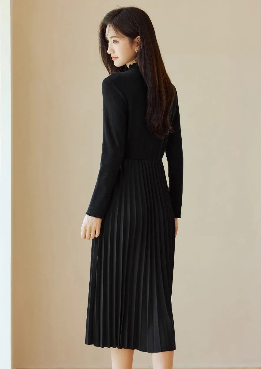 KNIT PATCHWORK HEPBURN PLEATED DRESS