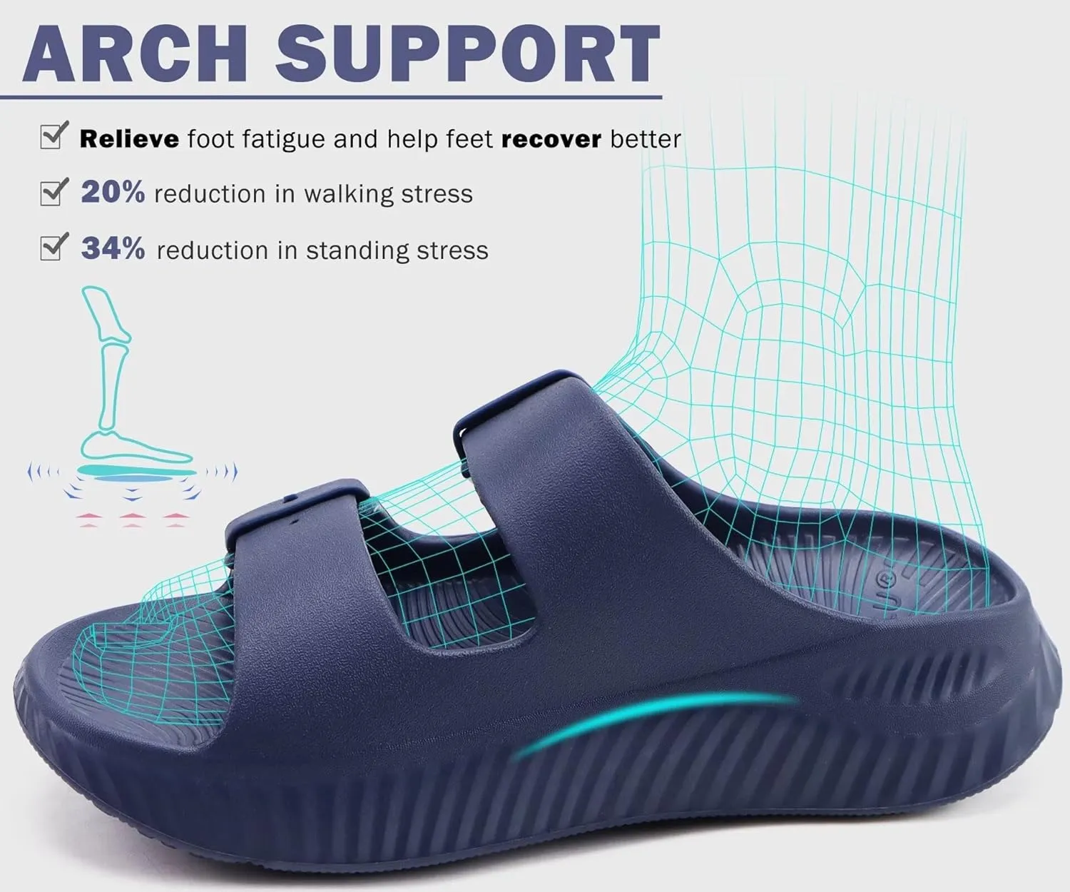 KuaiLu Womens Recovery Sandals With Comfortable Plantar Fasciitis Arch Support, Orthotic Adjustable Thick Cushion Sport Slides Reduces Stress on Feet, Joints & Back Post-Exercise