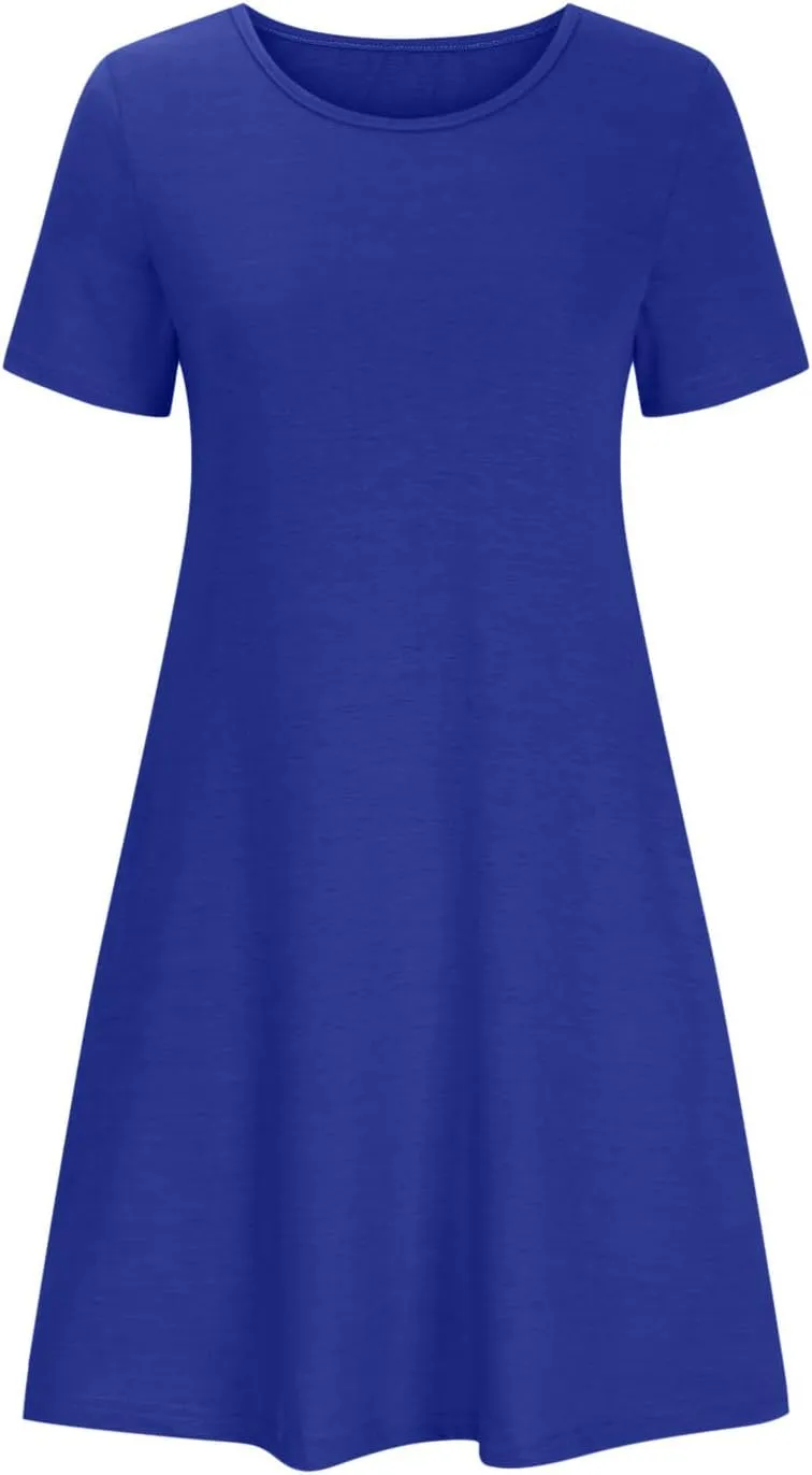Ladies Casual Flowy Dresses Round Neck Short Sleeve Outfit Dress Solid Color Loose Fitting Women Outwear Dresses