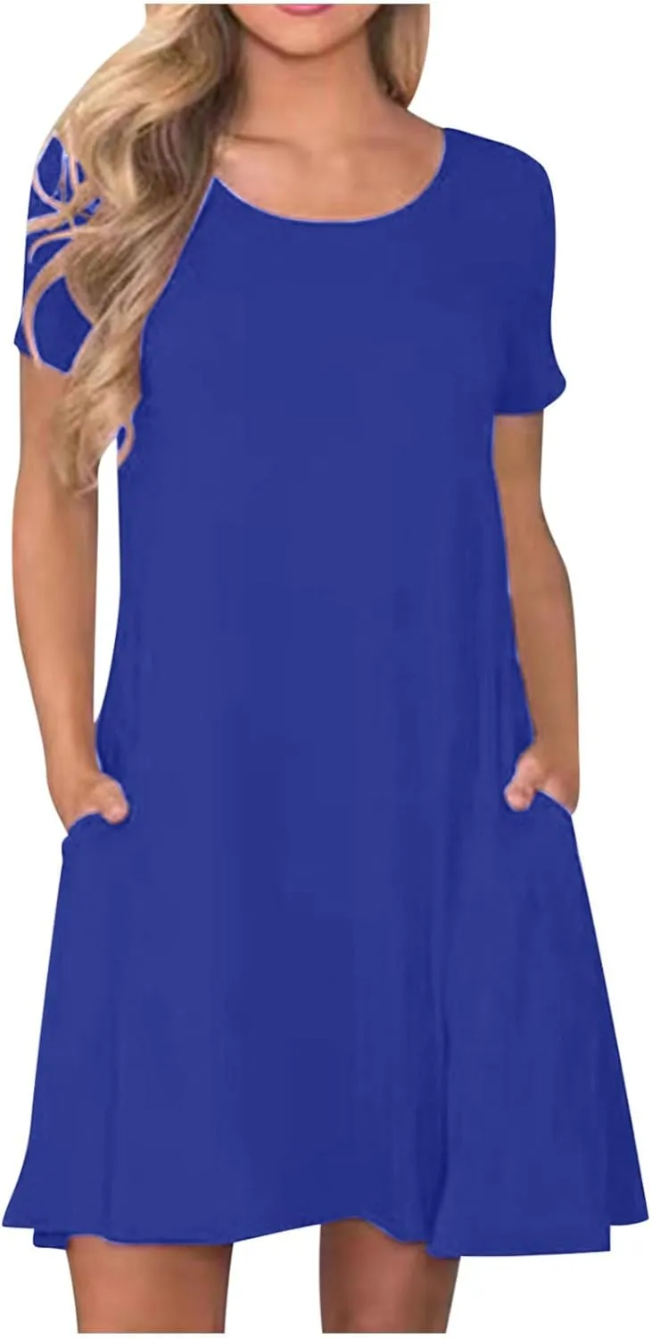 Ladies Casual Flowy Dresses Round Neck Short Sleeve Outfit Dress Solid Color Loose Fitting Women Outwear Dresses