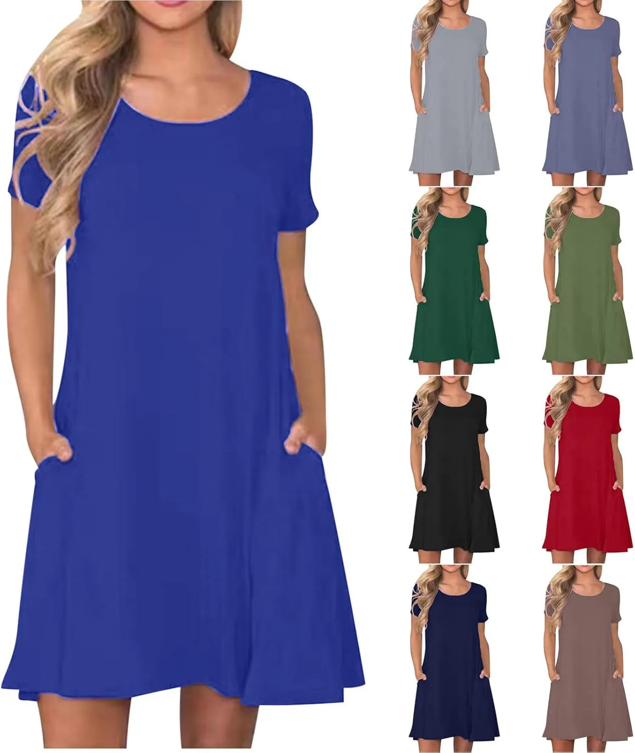 Ladies Casual Flowy Dresses Round Neck Short Sleeve Outfit Dress Solid Color Loose Fitting Women Outwear Dresses