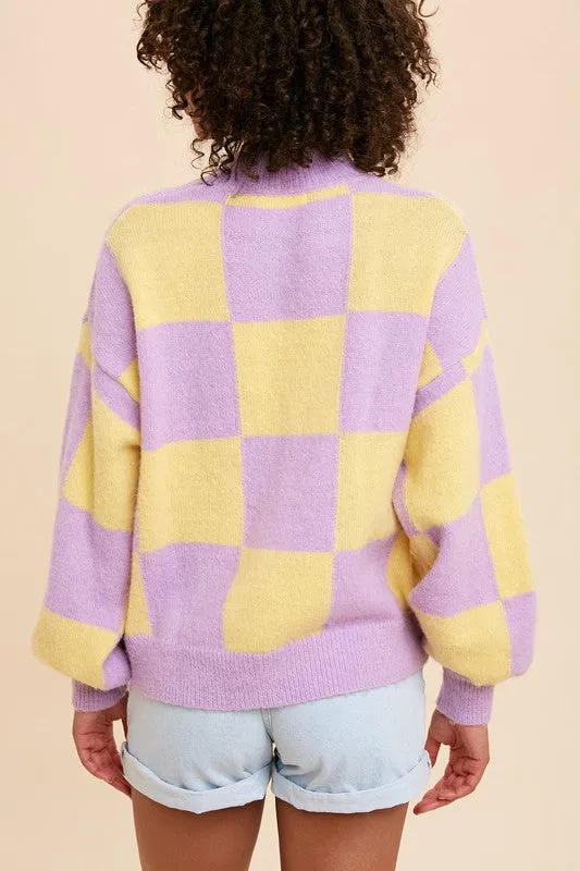 Lavender Mock Neck Checker Sweater