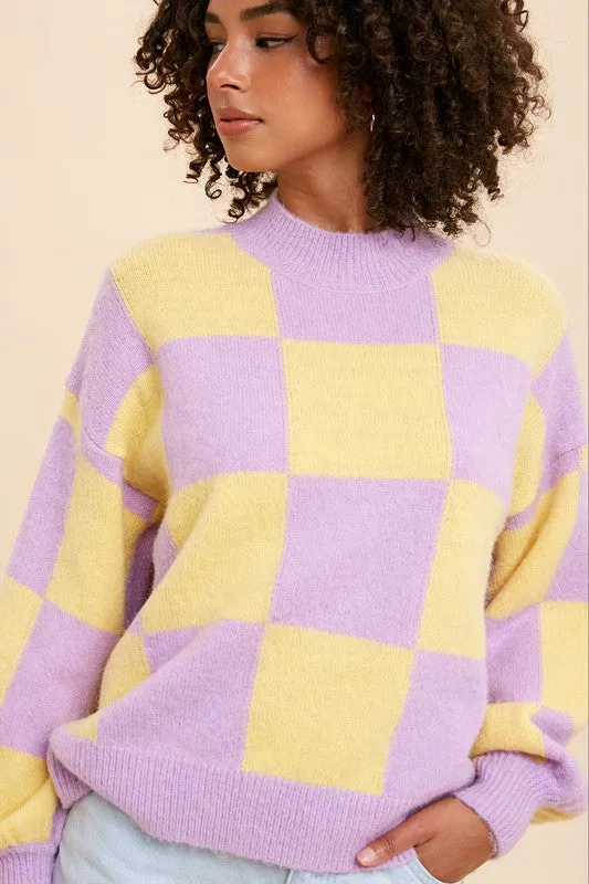 Lavender Mock Neck Checker Sweater