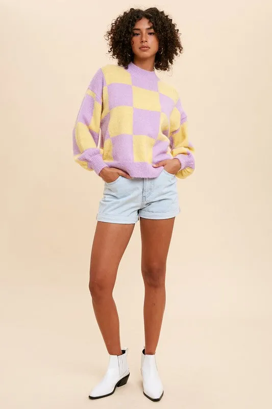Lavender Mock Neck Checker Sweater