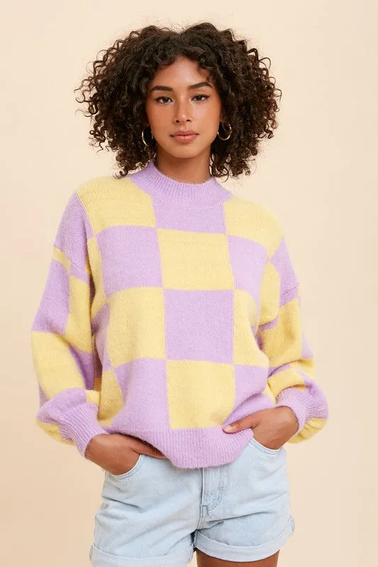 Lavender Mock Neck Checker Sweater