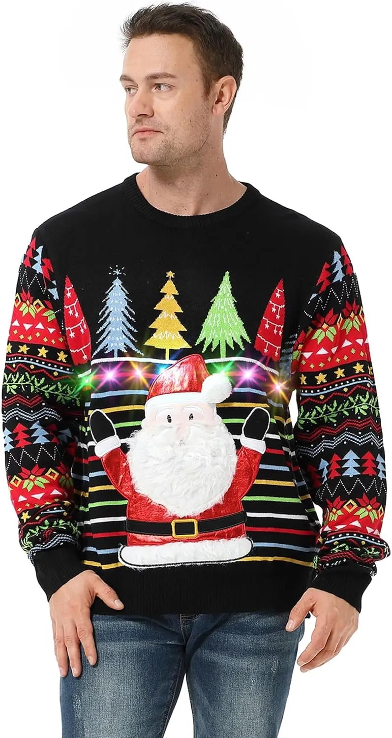 LED Ugly Christmas Sweater for Men, Unisex Women Xmas Pullover with Light for Party Festive
