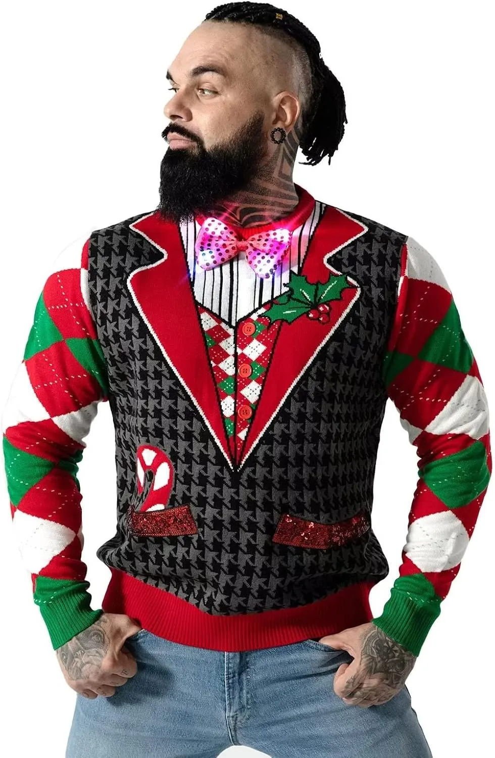 LED Ugly Christmas Sweater for Men, Unisex Women Xmas Pullover with Light for Party Festive