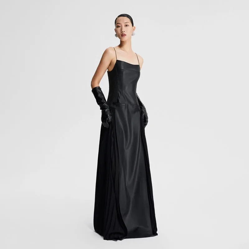 LEDIM W French Retro Pleated cinched maxi long sleeveless black evening dress - Xellia