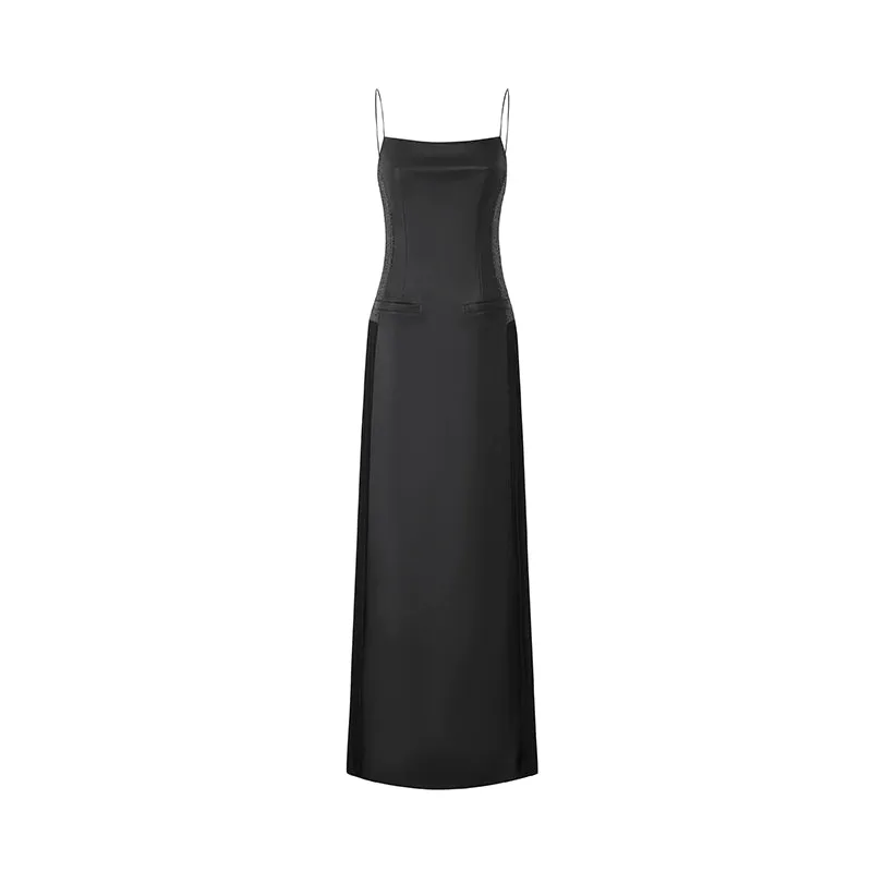 LEDIM W French Retro Pleated cinched maxi long sleeveless black evening dress - Xellia