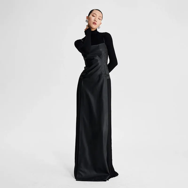 LEDIM W French Retro Pleated cinched maxi long sleeveless black evening dress - Xellia