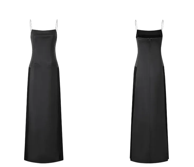 LEDIM W French Retro Pleated cinched maxi long sleeveless black evening dress - Xellia