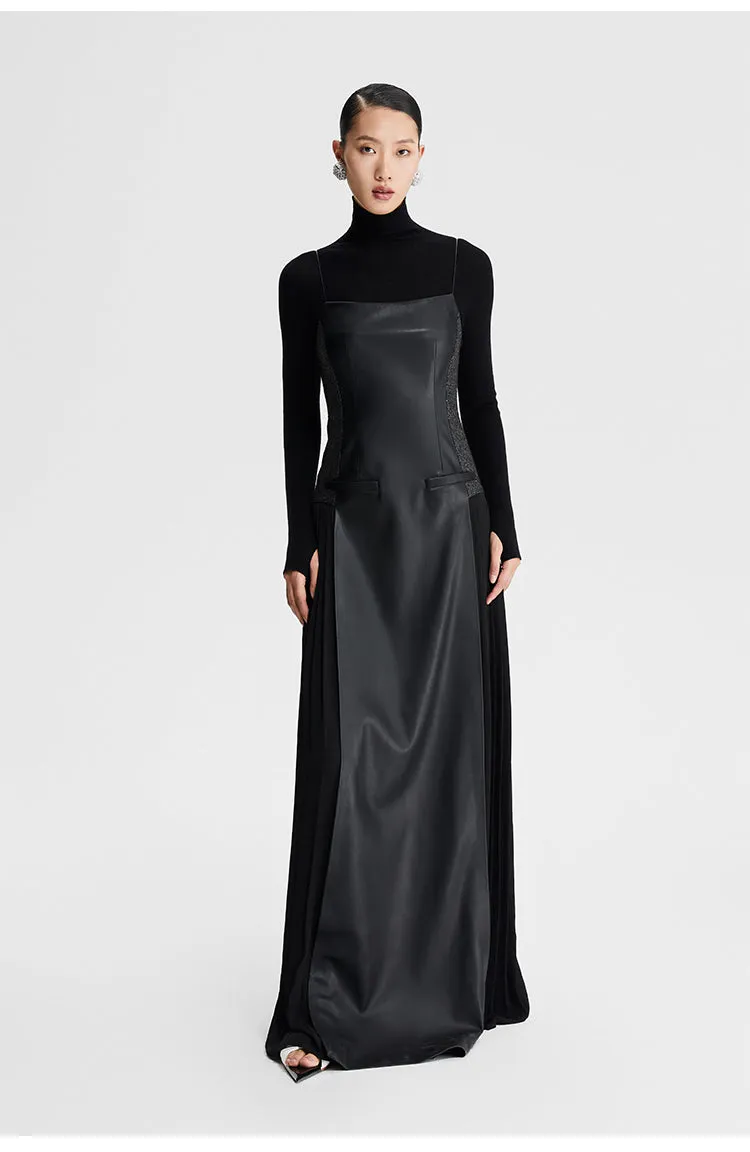 LEDIM W French Retro Pleated cinched maxi long sleeveless black evening dress - Xellia