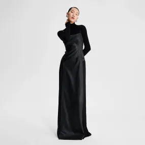 LEDIM W French Retro Pleated cinched maxi long sleeveless black evening dress - Xellia