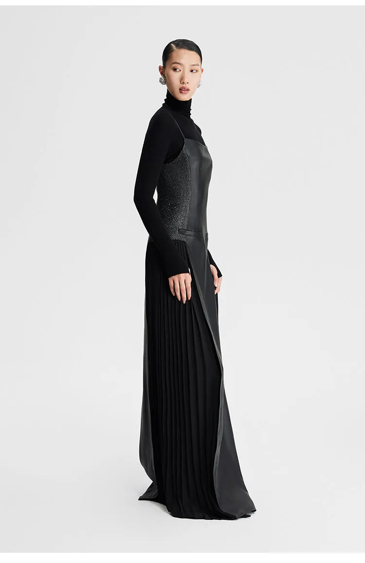 LEDIM W French Retro Pleated cinched maxi long sleeveless black evening dress - Xellia
