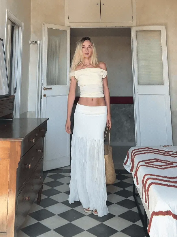 Long Crinkled Skirt Ivory