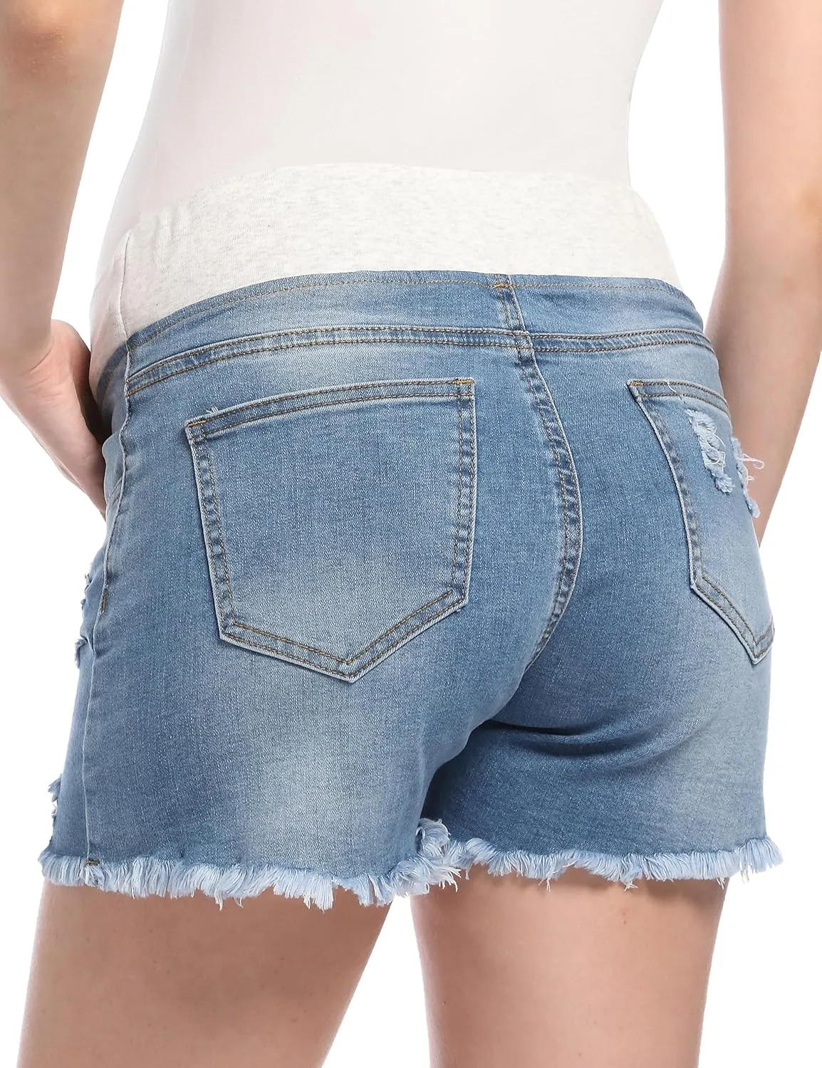 Maternity Jean Shorts for Women V-Shape Low Waist Ripped Stretchy Comfy Soft Summer Denim Short Pants