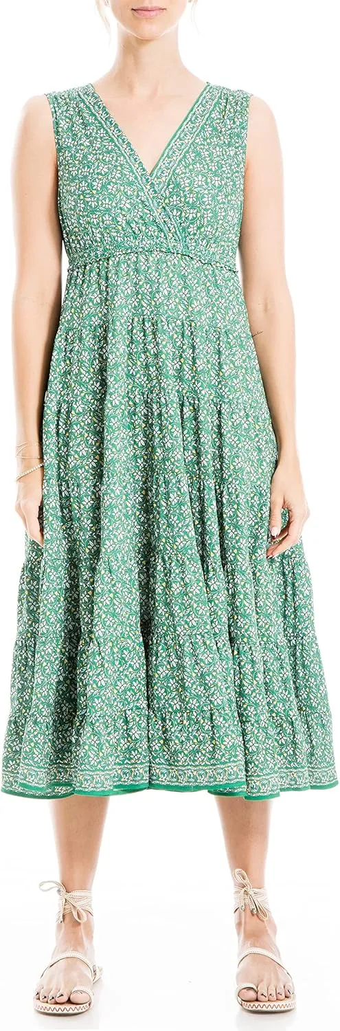 Max Studio Women's Textured Jersey V-Neck Tiered Midi Dress