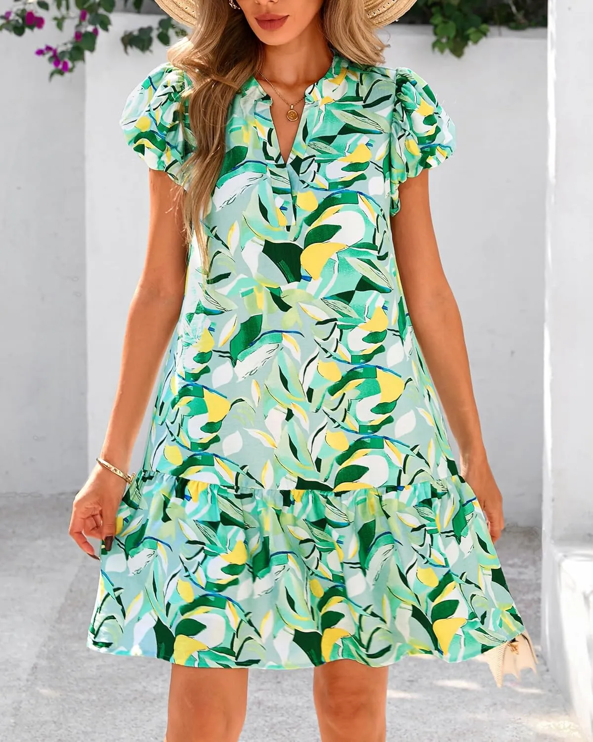Melliflo Womens Summer Casual Mini Dresses V Neck Tiered Floral Print Boho Mini Babydoll Dress 2025 Beach Vacation Sundress