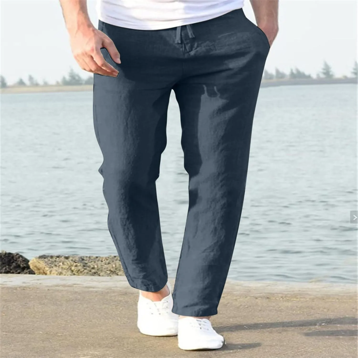 Men's Casual Pants Beach Summer Elastic Waist Drawstring Pants Lightweight Breathable Straight Leg Long Trousers