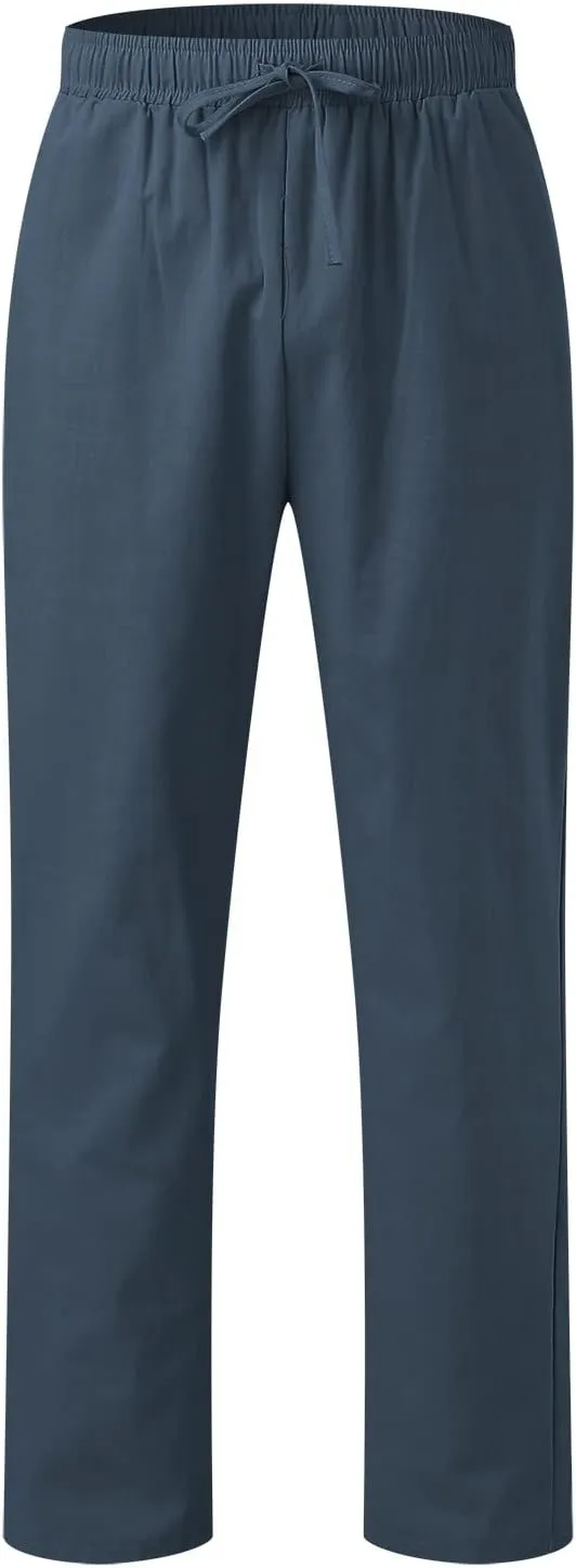 Men's Casual Pants Beach Summer Elastic Waist Drawstring Pants Lightweight Breathable Straight Leg Long Trousers
