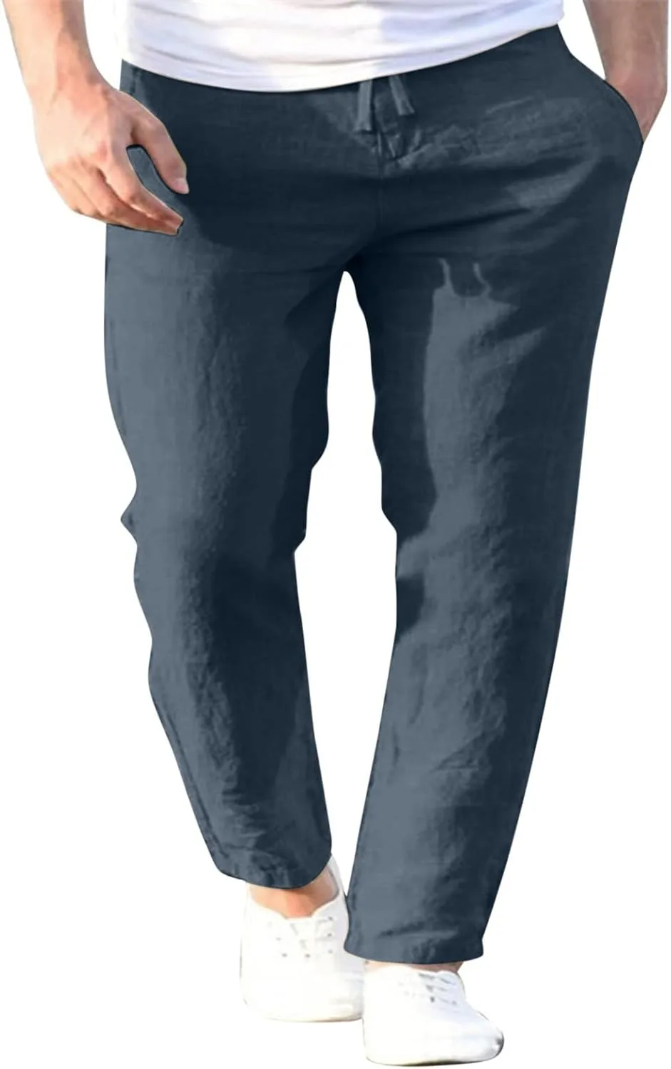 Men's Casual Pants Beach Summer Elastic Waist Drawstring Pants Lightweight Breathable Straight Leg Long Trousers