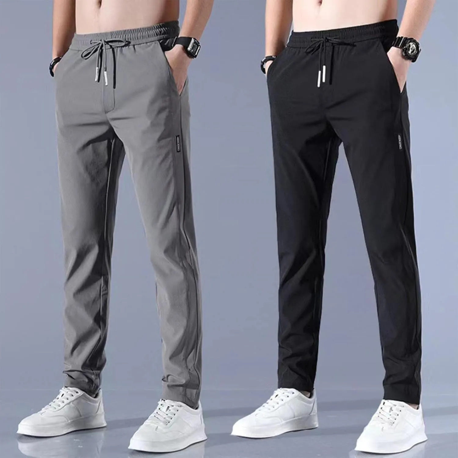 Men's Quick Drying Stretch Pants Cool Breathable High Waist Pants Drawstring Sports Pants with Pockets