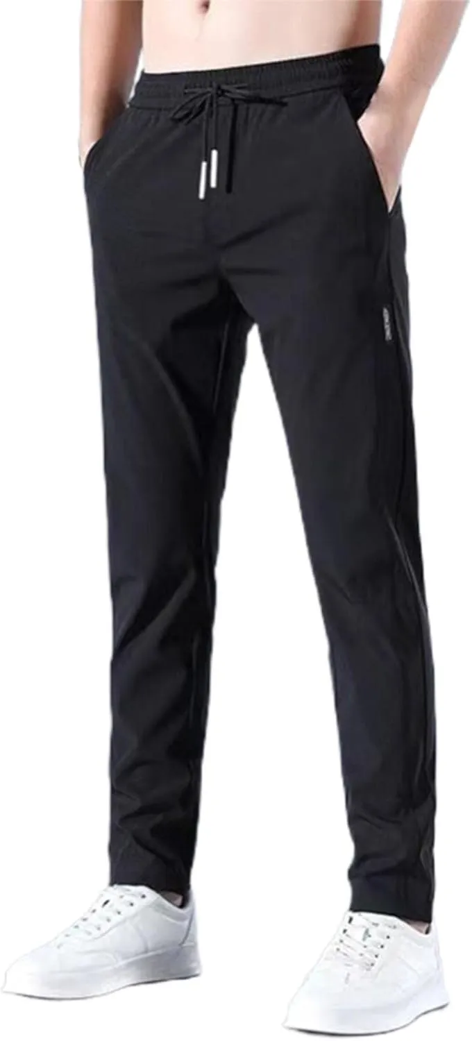 Men's Quick Drying Stretch Pants Cool Breathable High Waist Pants Drawstring Sports Pants with Pockets