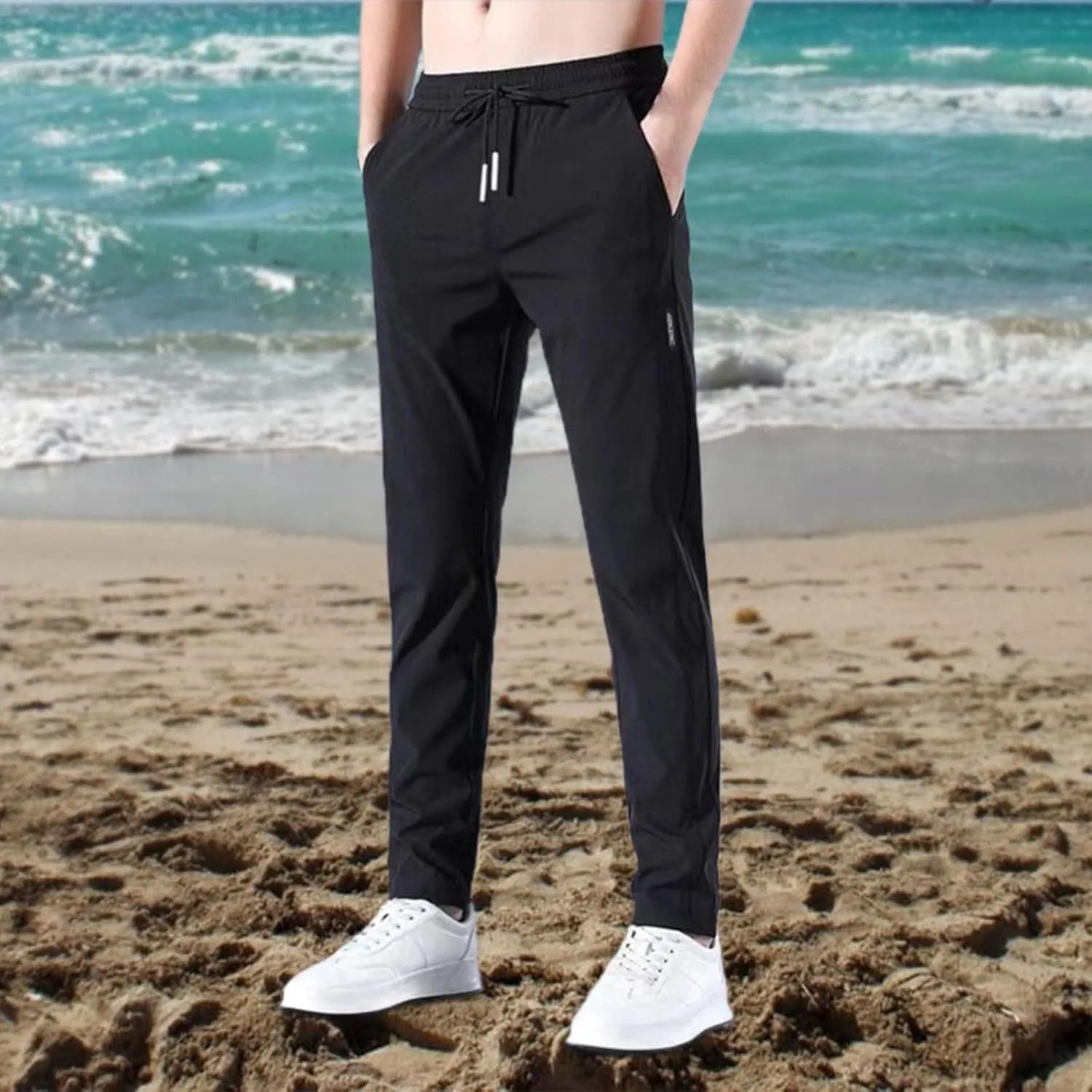 Men's Quick Drying Stretch Pants Cool Breathable High Waist Pants Drawstring Sports Pants with Pockets