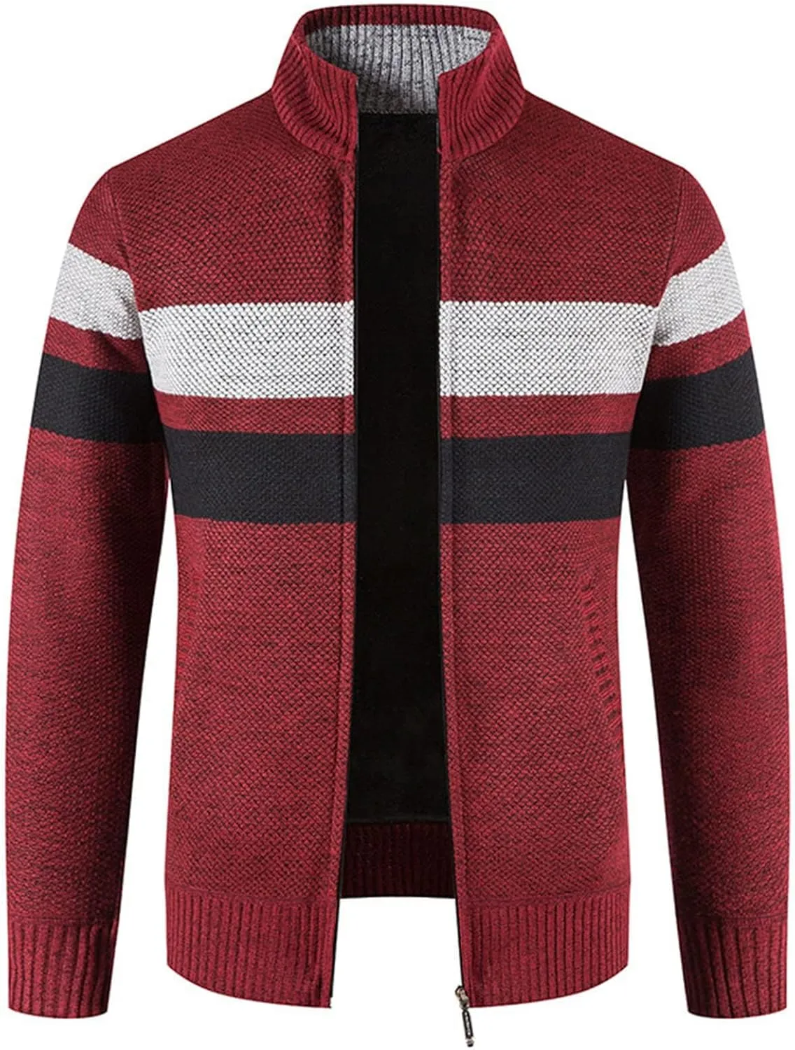 Mens Striped Print Full Zip Cardigans Plus Classic Band Collar Color Block Stripe Cable Knit Cardigan Coats