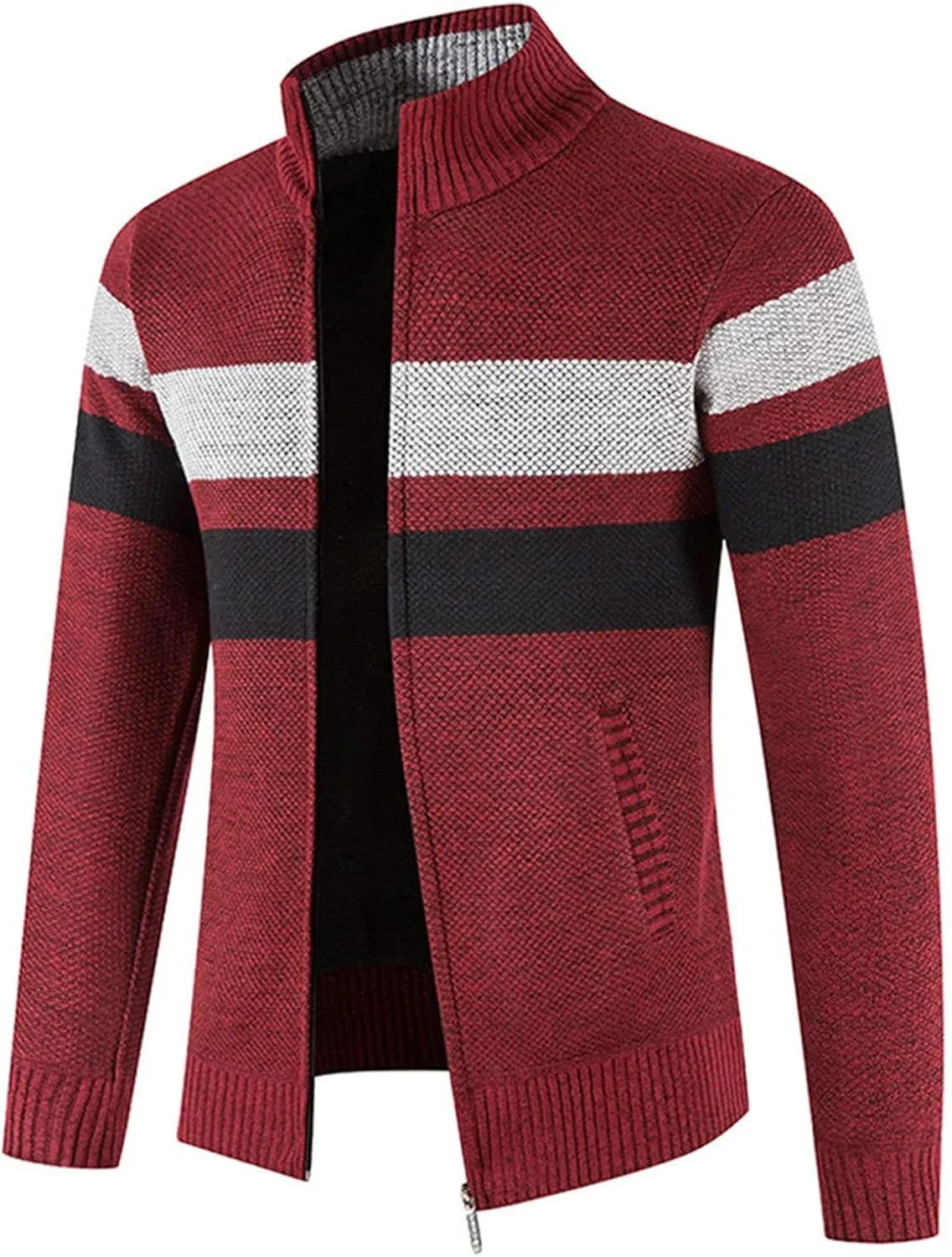 Mens Striped Print Full Zip Cardigans Plus Classic Band Collar Color Block Stripe Cable Knit Cardigan Coats