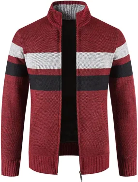 Mens Striped Print Full Zip Cardigans Plus Classic Band Collar Color Block Stripe Cable Knit Cardigan Coats
