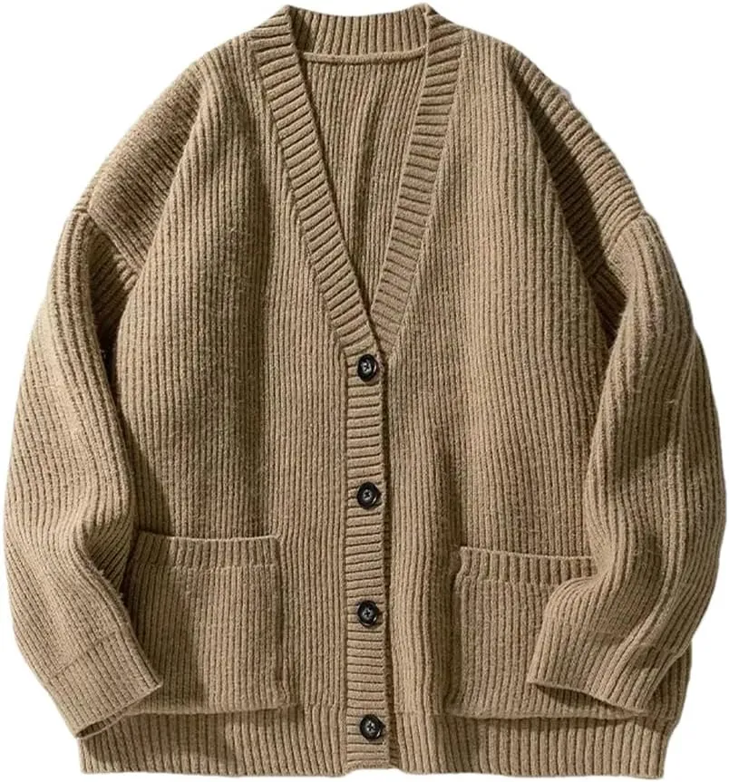 Men's V-Neck Ribbed Knitted Cardigan Solid Color Casual Loose Soft Warm Classic Knitted Sweater Cardigan