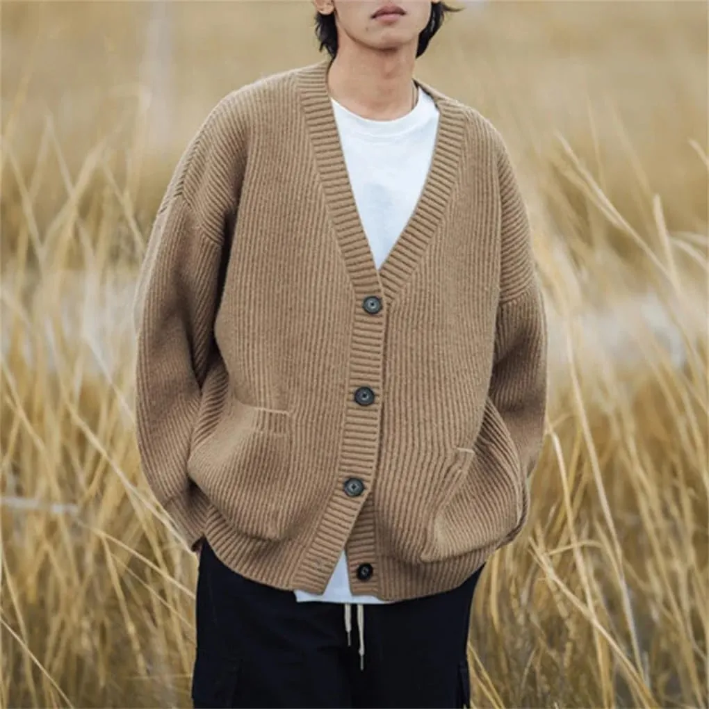 Men's V-Neck Ribbed Knitted Cardigan Solid Color Casual Loose Soft Warm Classic Knitted Sweater Cardigan