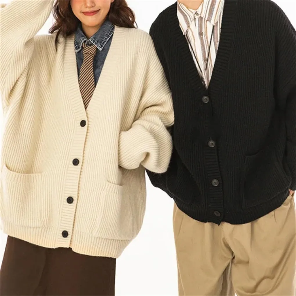 Men's V-Neck Ribbed Knitted Cardigan Solid Color Casual Loose Soft Warm Classic Knitted Sweater Cardigan