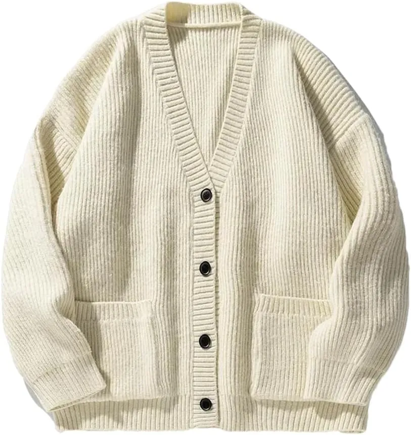 Men's V-Neck Ribbed Knitted Cardigan Solid Color Casual Loose Soft Warm Classic Knitted Sweater Cardigan