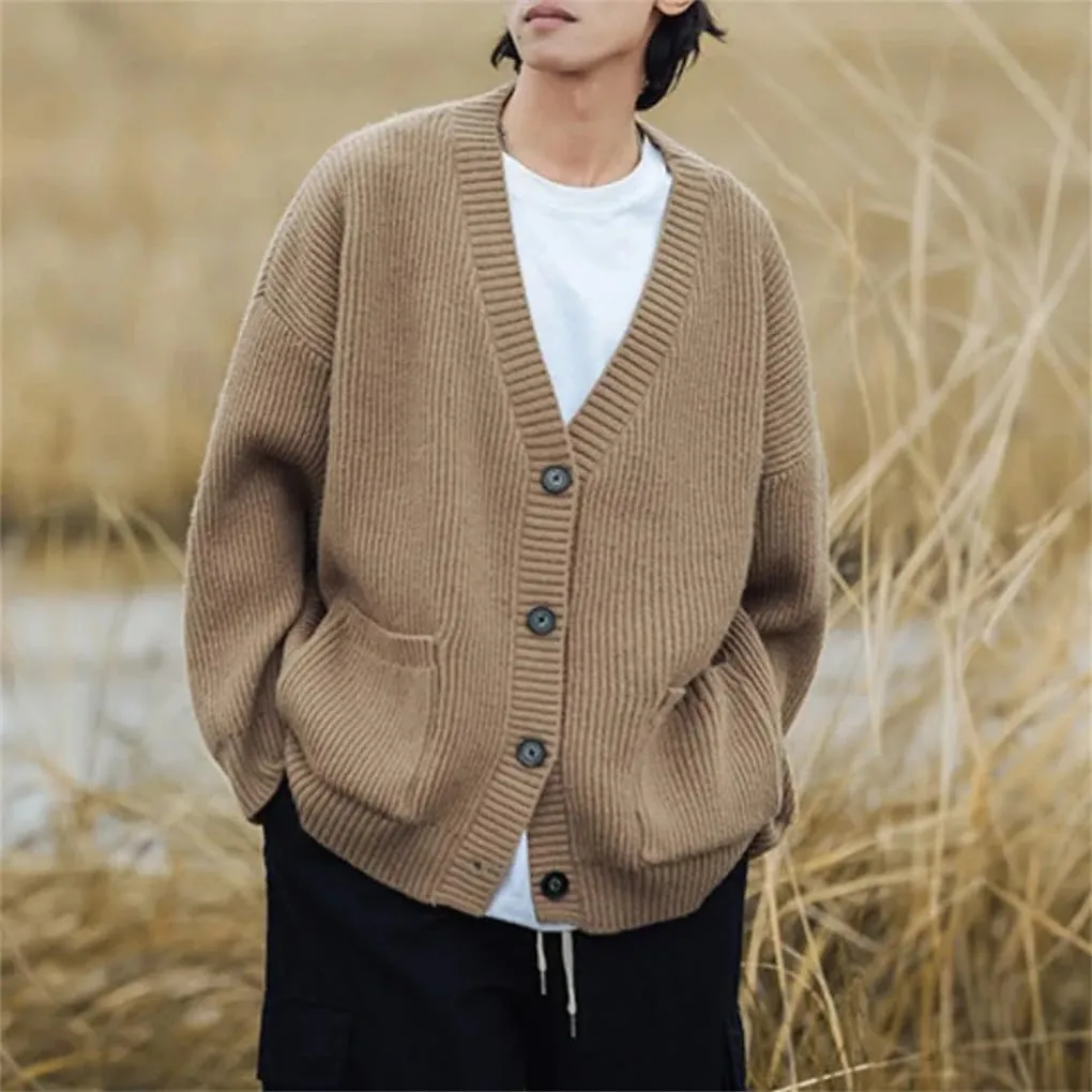 Men's V-Neck Ribbed Knitted Cardigan Solid Color Casual Loose Soft Warm Classic Knitted Sweater Cardigan