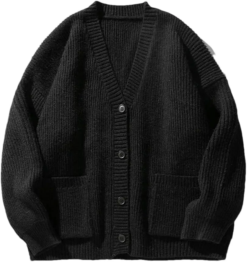 Men's V-Neck Ribbed Knitted Cardigan Solid Color Casual Loose Soft Warm Classic Knitted Sweater Cardigan