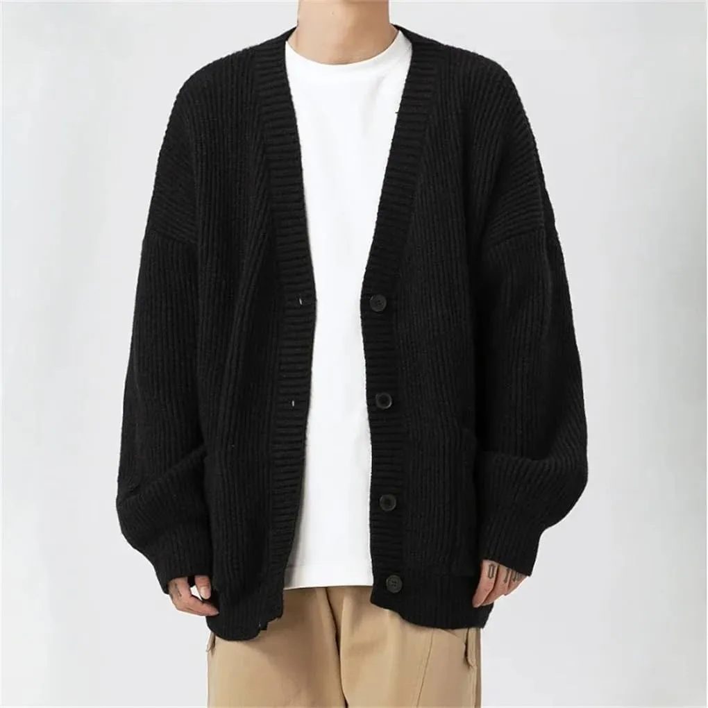 Men's V-Neck Ribbed Knitted Cardigan Solid Color Casual Loose Soft Warm Classic Knitted Sweater Cardigan