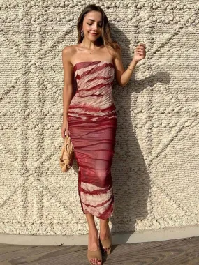 Off Shoulder Printed Tulle Maxi Dress Women Sexy Backless Sleeveless Dresses Chic Pleated Streetewear Ladies Vestidos
