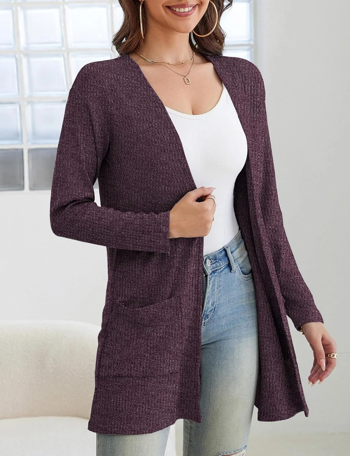 OmicGot Women's Cardigans with Pockets Casual Lightweight Classic Open Front Cardigan Sweaters for Women S-XL