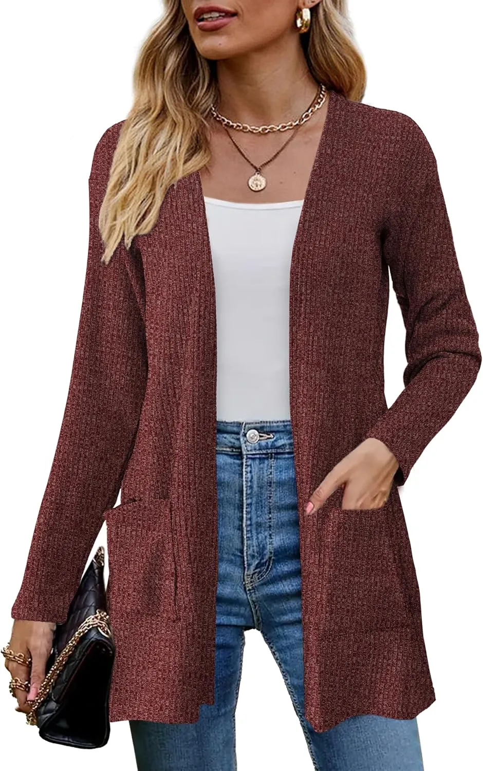 OmicGot Women's Cardigans with Pockets Casual Lightweight Classic Open Front Cardigan Sweaters for Women S-XL