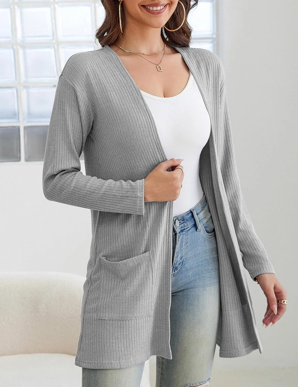 OmicGot Women's Cardigans with Pockets Casual Lightweight Classic Open Front Cardigan Sweaters for Women S-XL