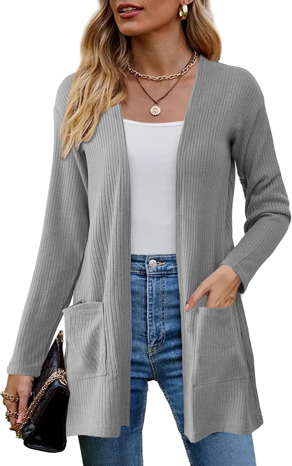 OmicGot Women's Cardigans with Pockets Casual Lightweight Classic Open Front Cardigan Sweaters for Women S-XL